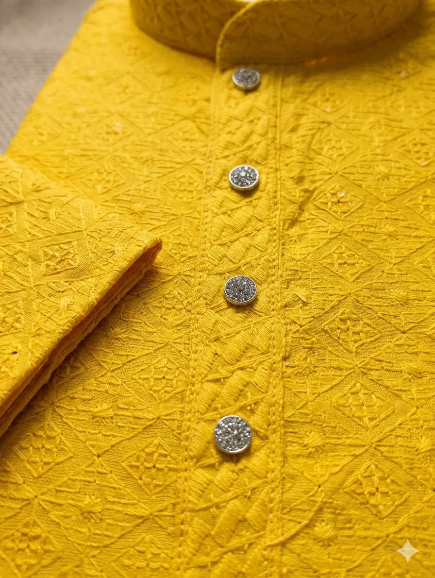 Men's Premium Sunshine Yellow Geometric Embroidered Kurta