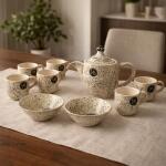 Elegant Ceramic Tea Set with Teapot, 6 Cups and Serving Bowls for Home Dining & Serving