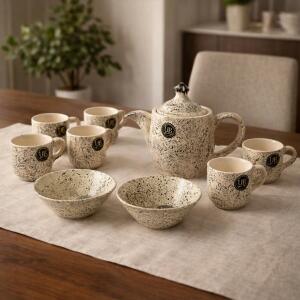 Elegant Ceramic Tea Set with Teapot, 6 Cups and Serving Bowls for Home Dining & Serving