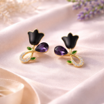 Elegant Black Floral Stud Earrings for Women | Gold Plated Crystal Drop Design