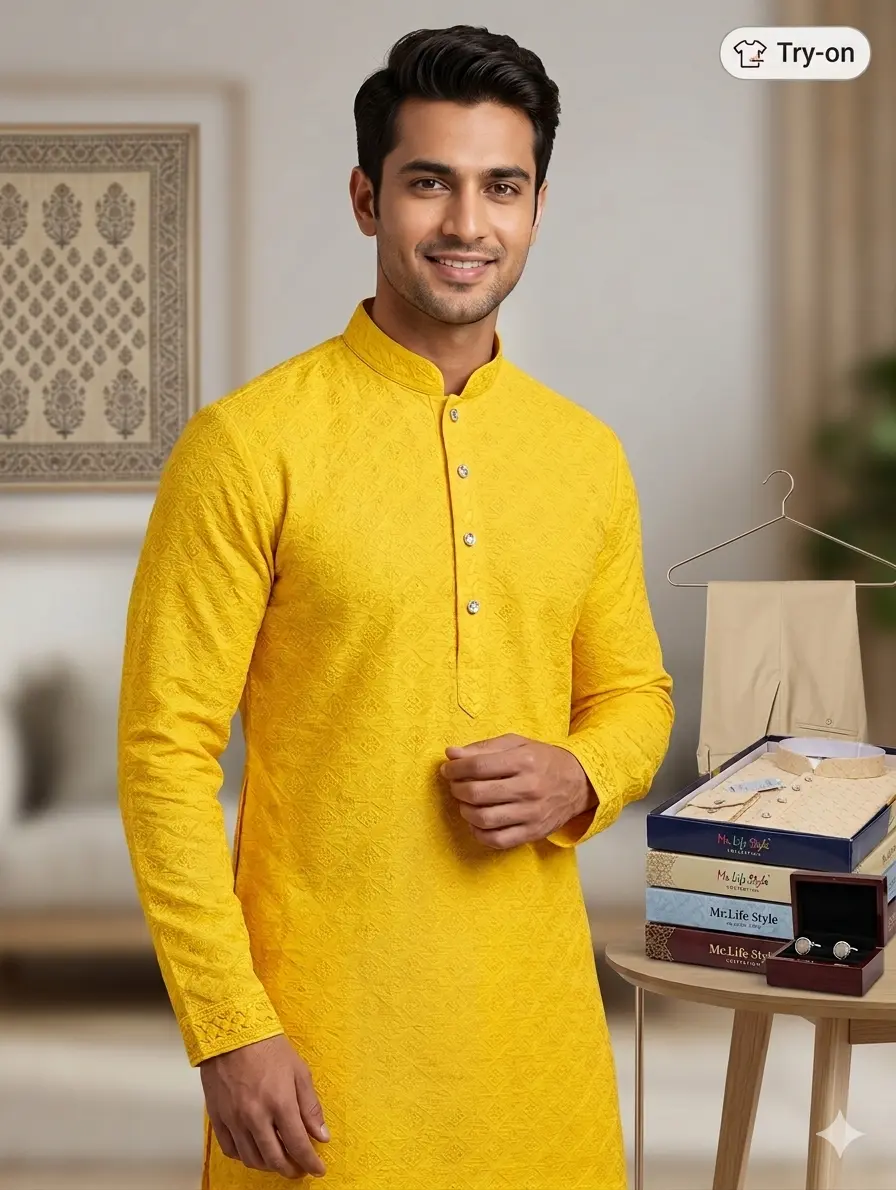 Men's Premium Sunshine Yellow Geometric Embroidered Kurta