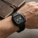Matte Black Square Dial Metal Strap Analog Wrist Watch for Men