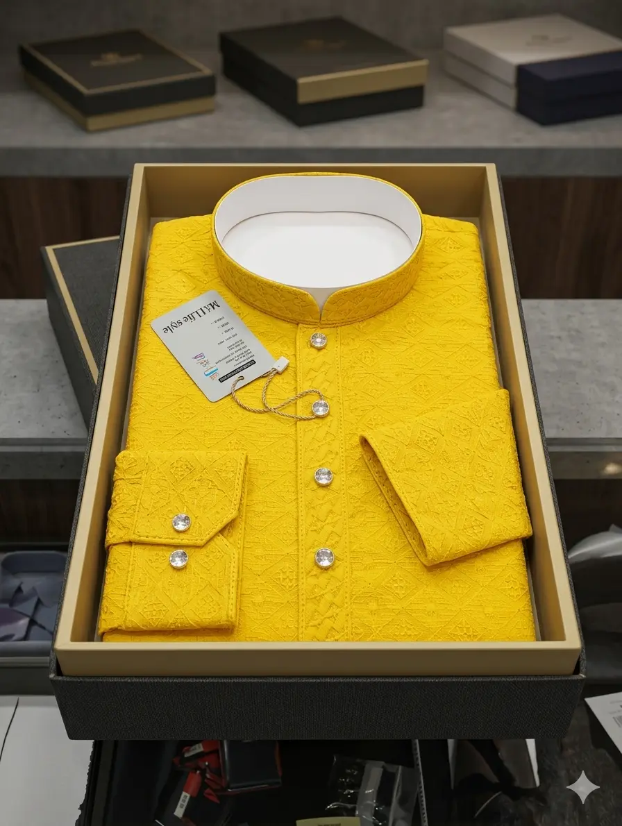 Men's Premium Sunshine Yellow Geometric Embroidered Kurta