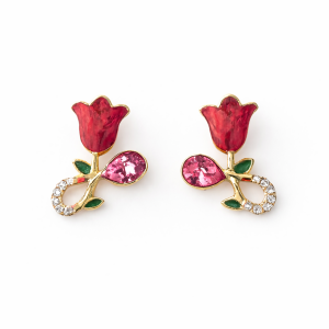 Elegant Rose Floral Stud Earrings for Women | Gold Plated Crystal Drop Design