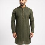 Men's Premium Dark Olive Green Mirror-Work Kurta with Pajama Set