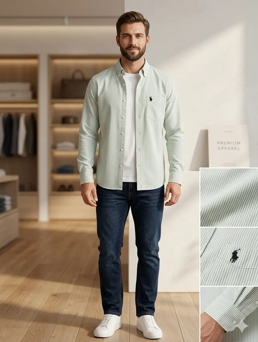 Men’s Premium Pastel Green Vertical Striped Slim-Fit Formal Shirt