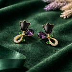 Elegant Black Floral Stud Earrings for Women | Gold Plated Crystal Drop Design