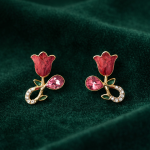 Elegant Rose Floral Stud Earrings for Women | Gold Plated Crystal Drop Design