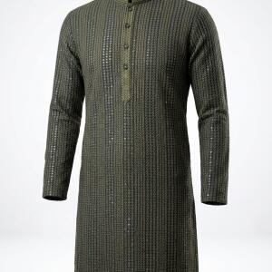 Men's Premium Dark Olive Green Mirror-Work Kurta with Pajama Set