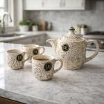 Elegant Ceramic Tea Set with Teapot, 6 Cups and Serving Bowls for Home Dining & Serving
