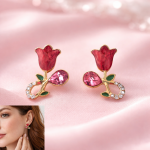 Elegant Rose Floral Stud Earrings for Women | Gold Plated Crystal Drop Design