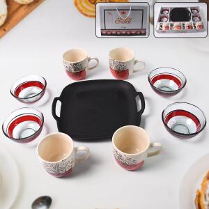 Set Of Ceramic Cup 4pc And Glass Bowl 4pc With Plastic Plate (9 Pcs Set)