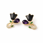 Elegant Black Floral Stud Earrings for Women | Gold Plated Crystal Drop Design