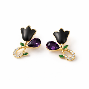 Elegant Black Floral Stud Earrings for Women | Gold Plated Crystal Drop Design