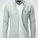 Men’s Premium Pastel Green Vertical Striped Slim-Fit Formal Shirt