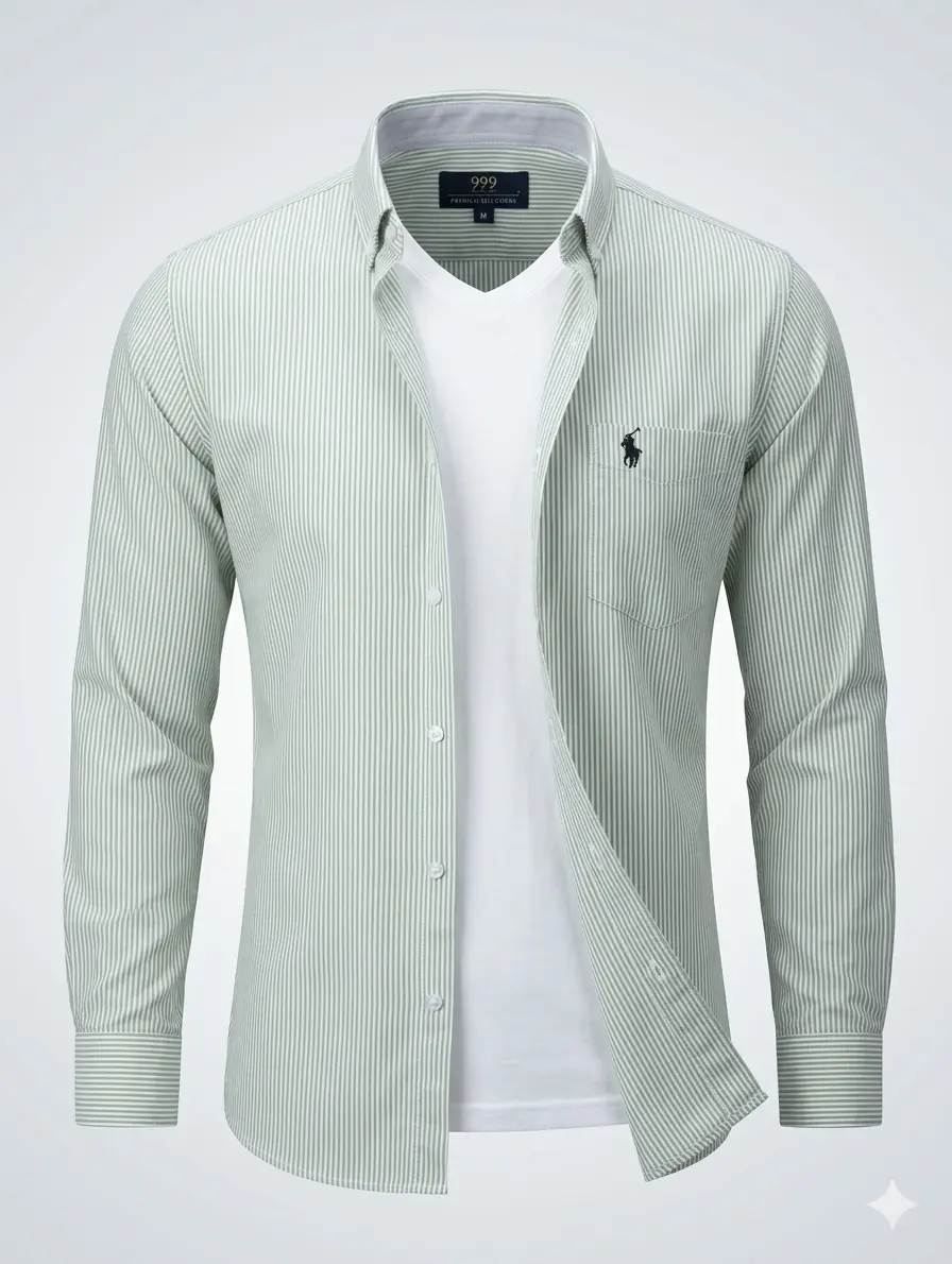 Men’s Premium Pastel Green Vertical Striped Slim-Fit Formal Shirt