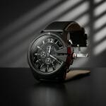 Bold Black Multi-Dial Chronograph Style Analog Wrist Watch with Protective Crown Guard & Leather Strap for Men