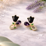 Elegant Black Floral Stud Earrings for Women | Gold Plated Crystal Drop Design