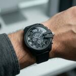 Bold Black Multi-Dial Chronograph Style Analog Wrist Watch with Protective Crown Guard & Leather Strap for Men