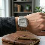 Premium Square Dial Silver Metal Strap Analog Wrist Watch for Men