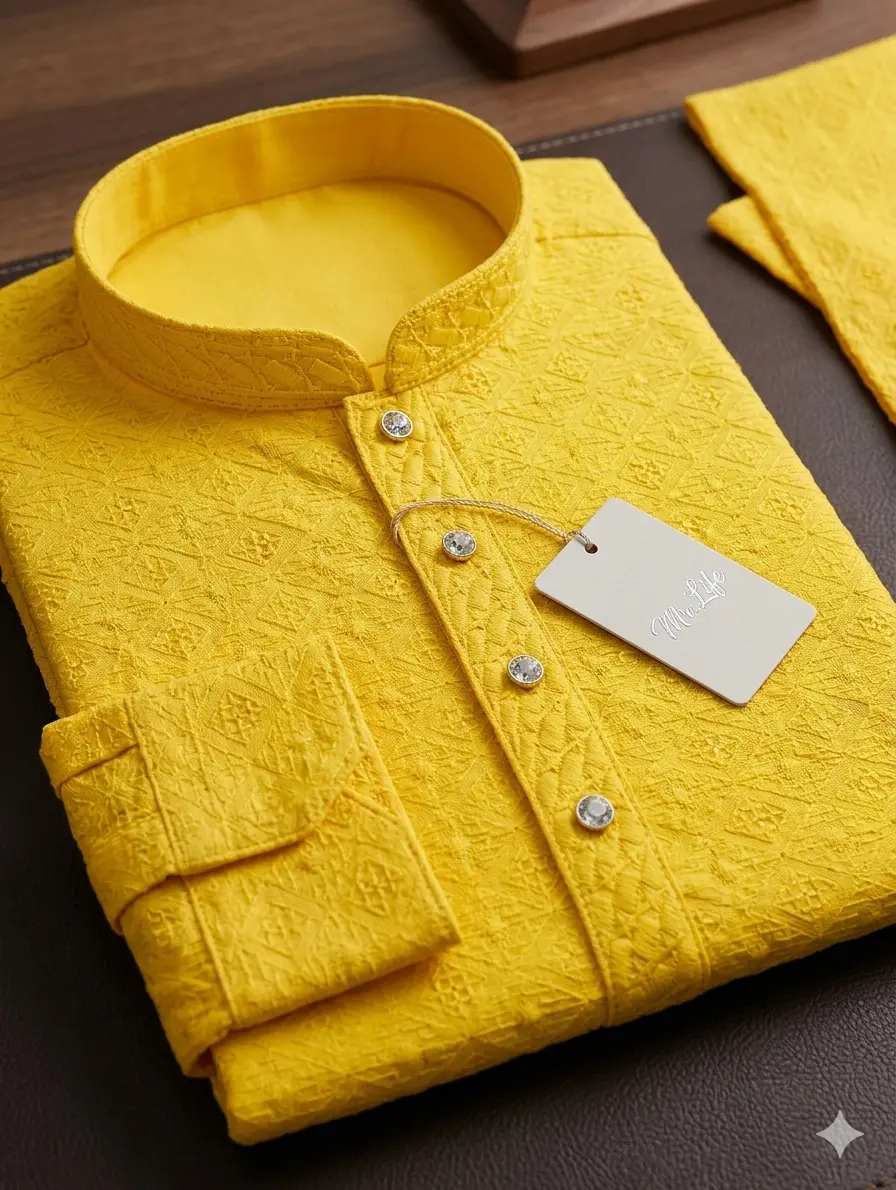 Men's Premium Sunshine Yellow Geometric Embroidered Kurta