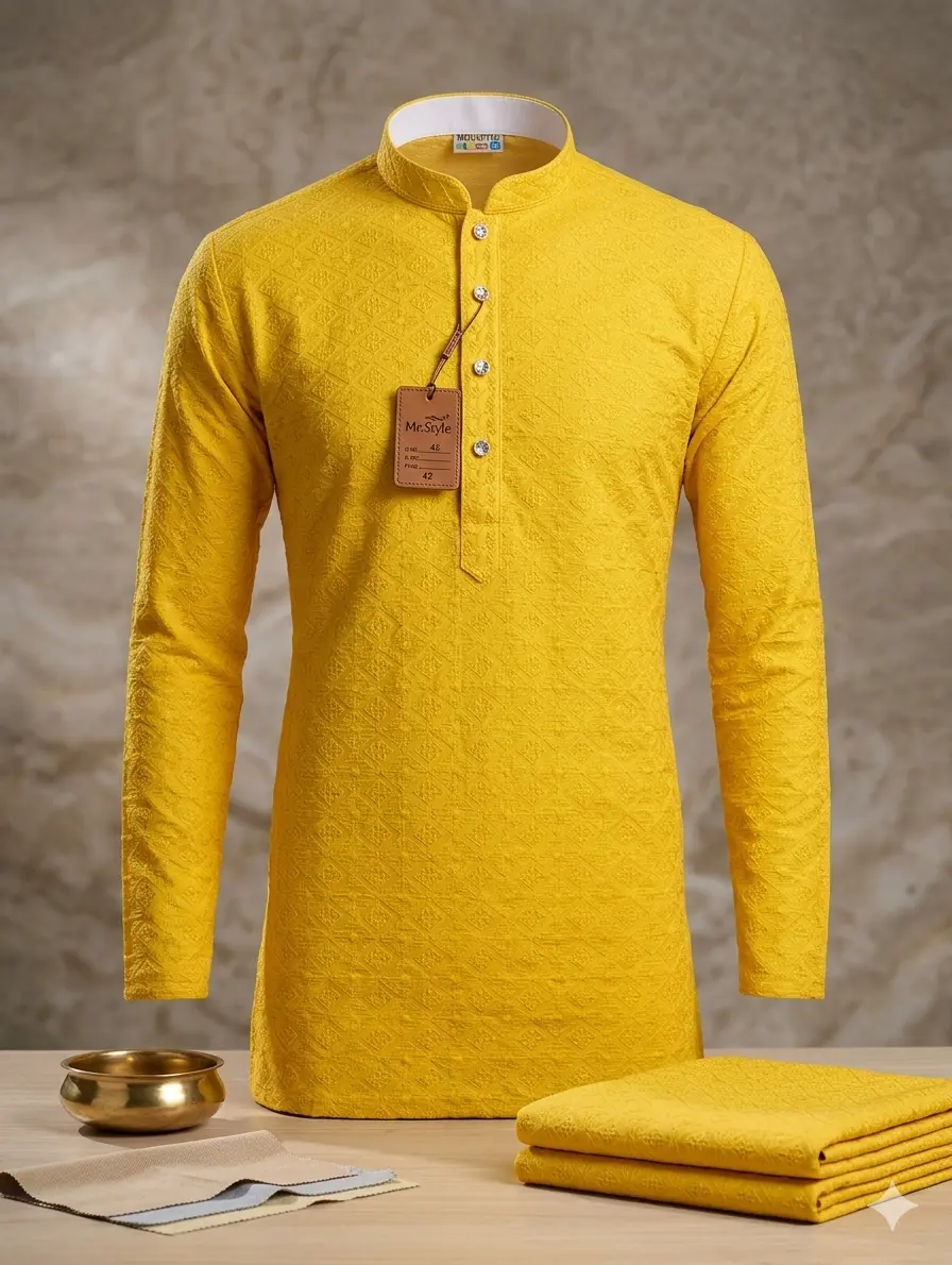 Men's Premium Sunshine Yellow Geometric Embroidered Kurta