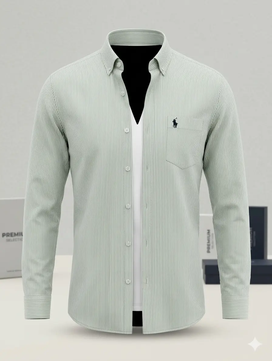 Men’s Premium Pastel Green Vertical Striped Slim-Fit Formal Shirt