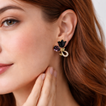 Elegant Black Floral Stud Earrings for Women | Gold Plated Crystal Drop Design