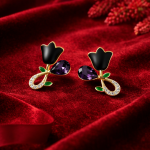 Elegant Black Floral Stud Earrings for Women | Gold Plated Crystal Drop Design