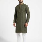 Men's Premium Dark Olive Green Mirror-Work Kurta with Pajama Set