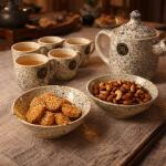 Elegant Ceramic Tea Set with Teapot, 6 Cups and Serving Bowls for Home Dining & Serving