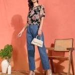 Yash Gallery Women's Chiffon Floral Printed Round Neck Short Sleeve Top