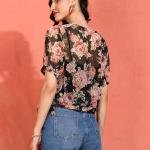 Yash Gallery Women's Chiffon Floral Printed Round Neck Short Sleeve Top