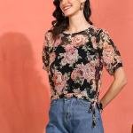 Yash Gallery Women's Chiffon Floral Printed Round Neck Short Sleeve Top